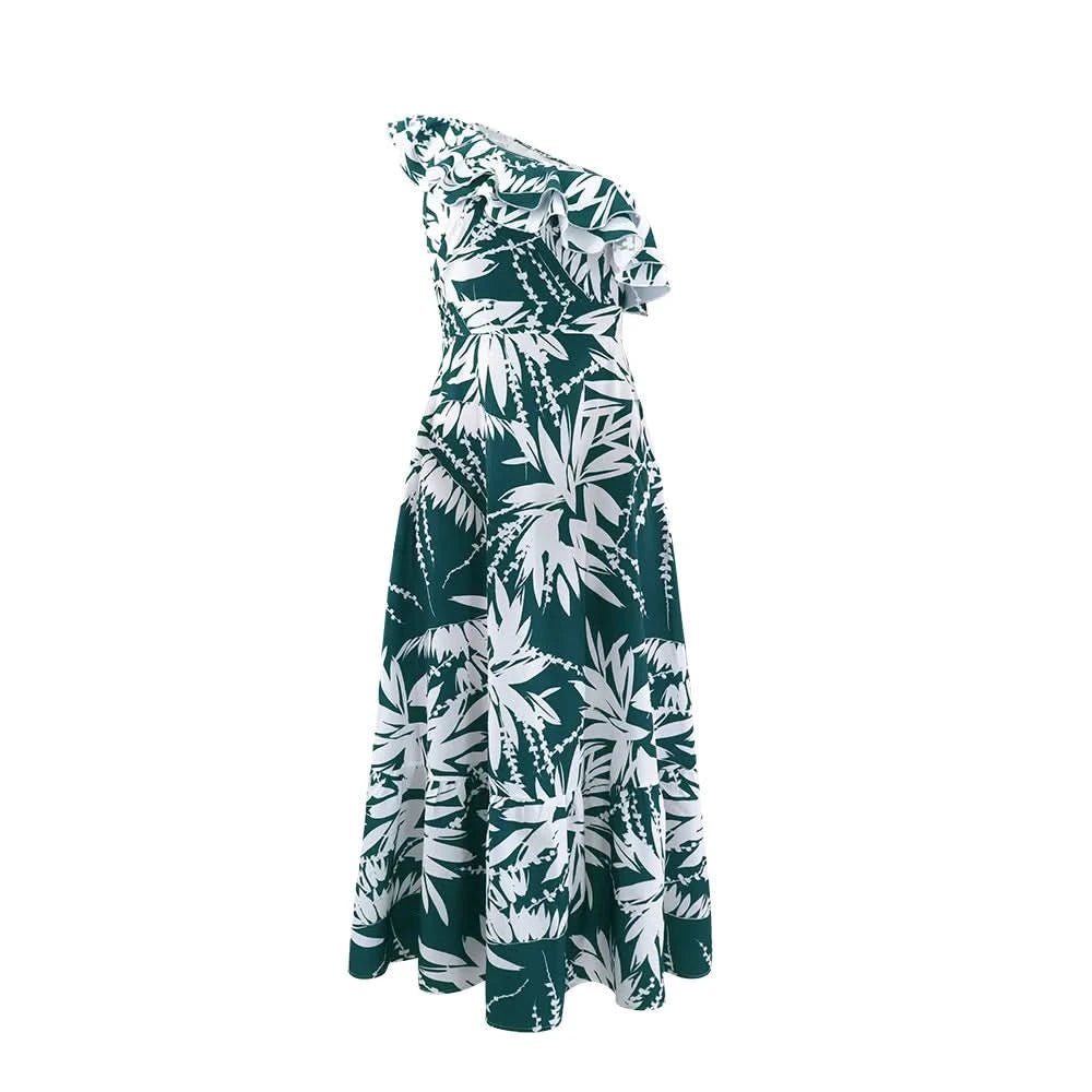 Women'S One - Shoulder Floral Print Ruffle Maxi Dress, Casual Polyester A - Line Gown, Woven Fabric, for Spring/Summer/Fall Vestido - Polynesia Market