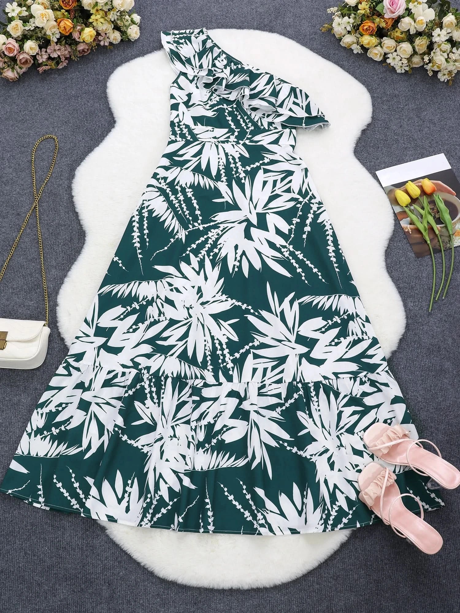 Women'S One - Shoulder Floral Print Ruffle Maxi Dress, Casual Polyester A - Line Gown, Woven Fabric, for Spring/Summer/Fall Vestido - Polynesia Market