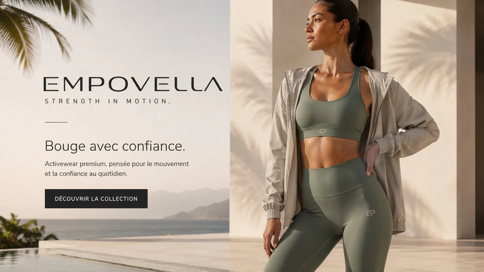 Femme portant un ensemble EMPOVELLA Sage dans une architecture tropicale lumineuse